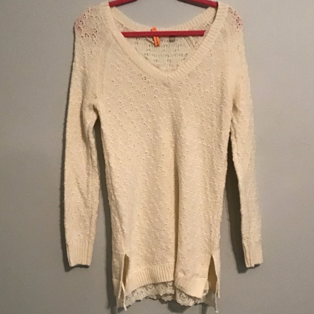 Anthropologie White lace trim tunic sweater